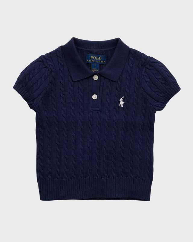 Girl's Cotton Mini Cable-Knit Short-Sleeve Polo Sweater, Size 3-